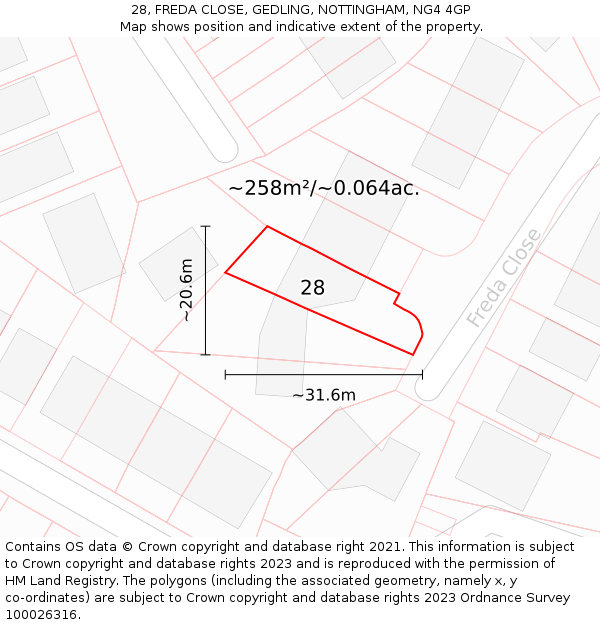 28, FREDA CLOSE, GEDLING, NOTTINGHAM, NG4 4GP: Plot and title map
