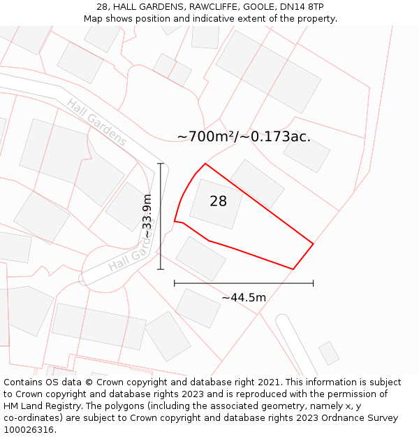 28, HALL GARDENS, RAWCLIFFE, GOOLE, DN14 8TP: Plot and title map