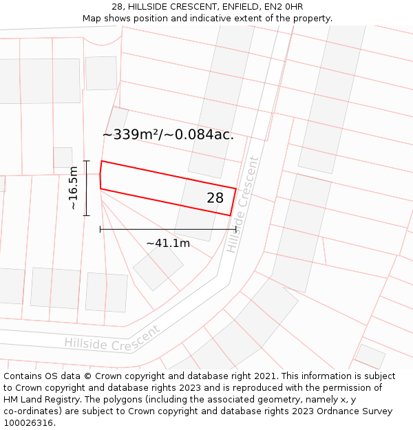 28, HILLSIDE CRESCENT, ENFIELD, EN2 0HR: Plot and title map