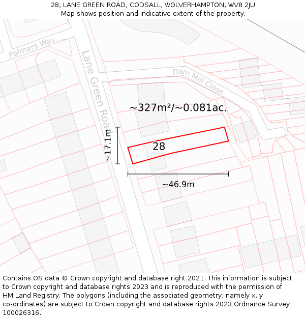28, LANE GREEN ROAD, CODSALL, WOLVERHAMPTON, WV8 2JU: Plot and title map