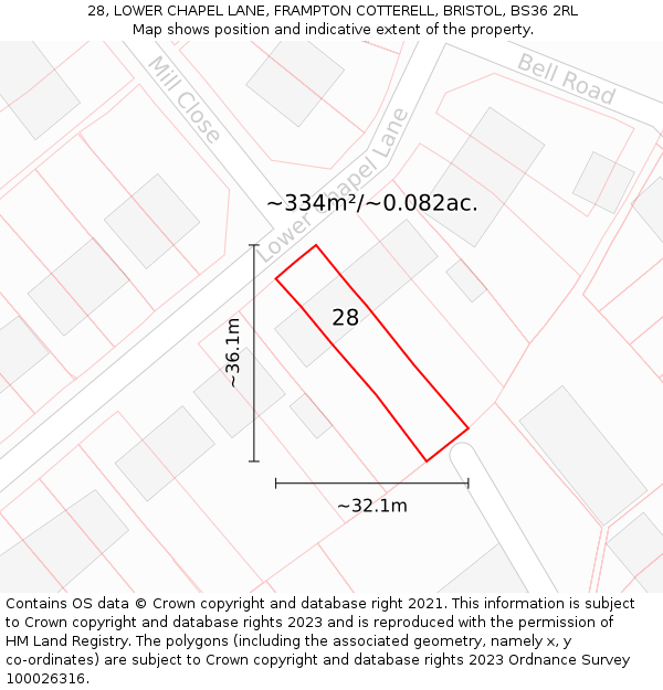 28, LOWER CHAPEL LANE, FRAMPTON COTTERELL, BRISTOL, BS36 2RL: Plot and title map