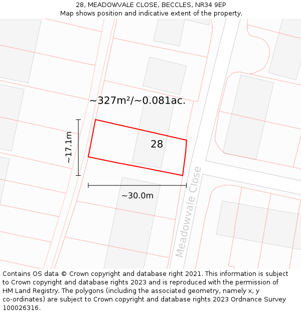 28, MEADOWVALE CLOSE, BECCLES, NR34 9EP: Plot and title map