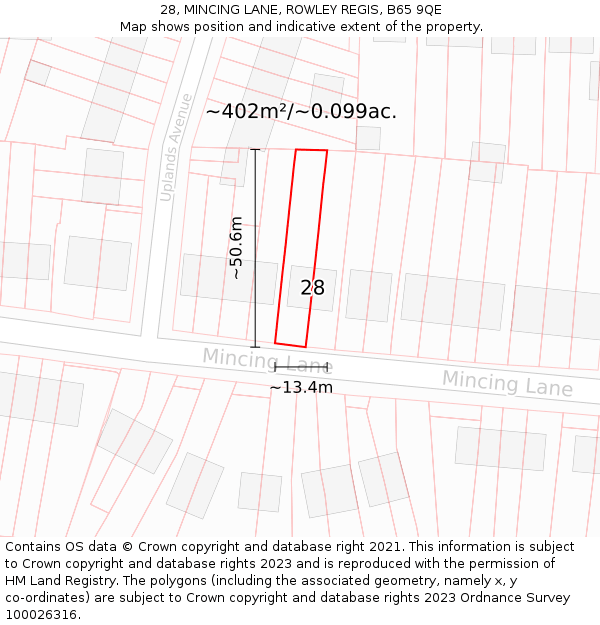 28, MINCING LANE, ROWLEY REGIS, B65 9QE: Plot and title map
