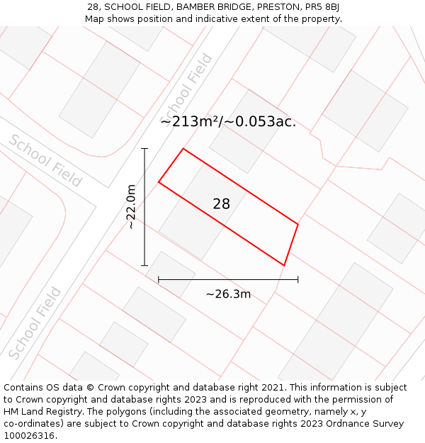 28, SCHOOL FIELD, BAMBER BRIDGE, PRESTON, PR5 8BJ: Plot and title map
