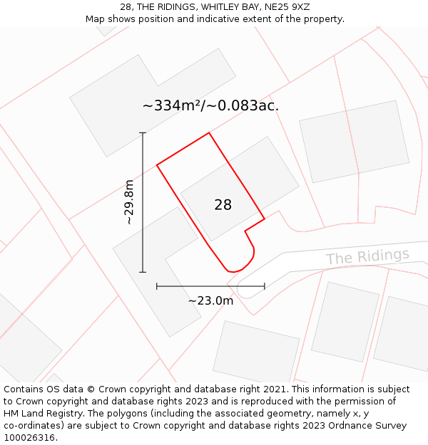 28, THE RIDINGS, WHITLEY BAY, NE25 9XZ: Plot and title map