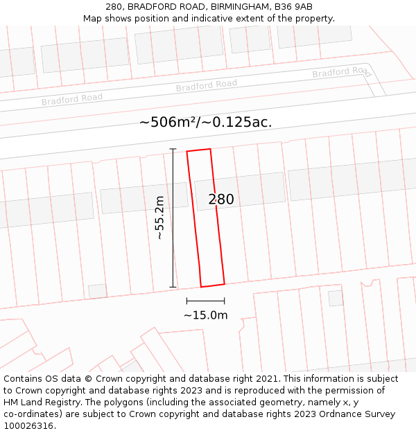 280, BRADFORD ROAD, BIRMINGHAM, B36 9AB: Plot and title map