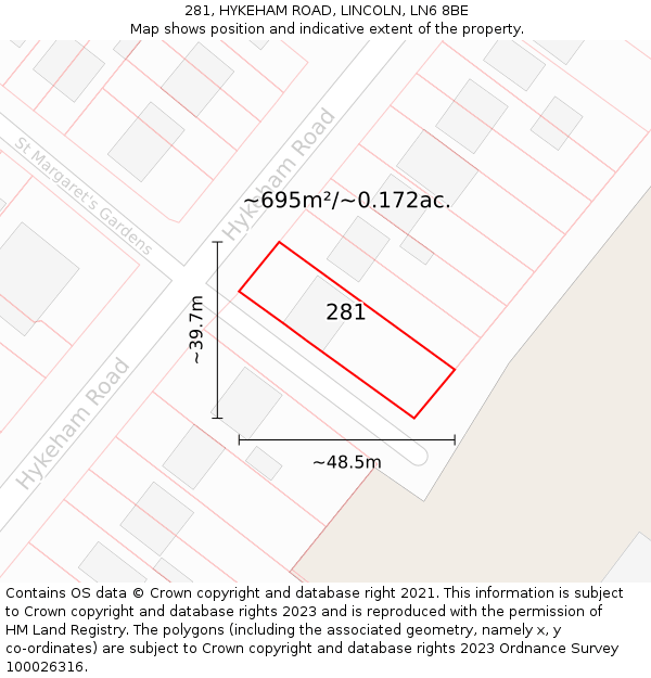 281, HYKEHAM ROAD, LINCOLN, LN6 8BE: Plot and title map