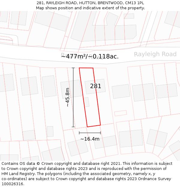 281, RAYLEIGH ROAD, HUTTON, BRENTWOOD, CM13 1PL: Plot and title map