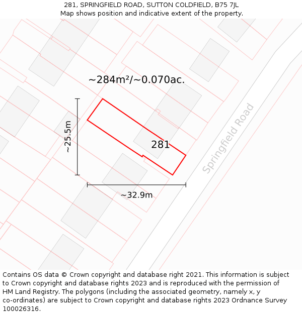 281, SPRINGFIELD ROAD, SUTTON COLDFIELD, B75 7JL: Plot and title map