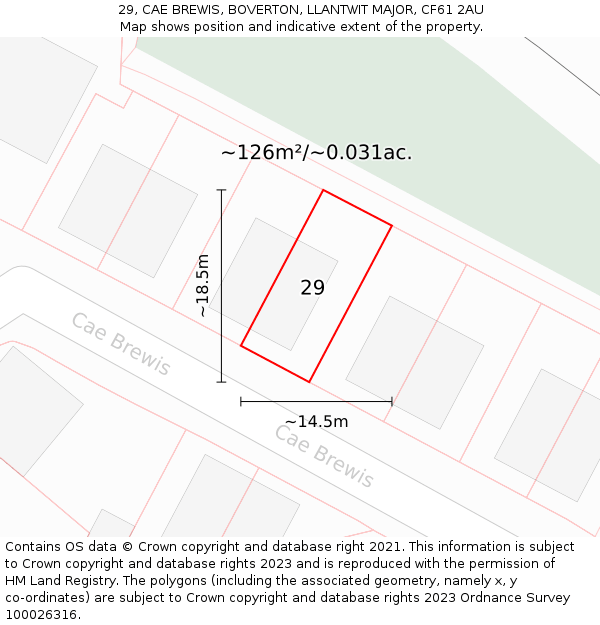 29, CAE BREWIS, BOVERTON, LLANTWIT MAJOR, CF61 2AU: Plot and title map