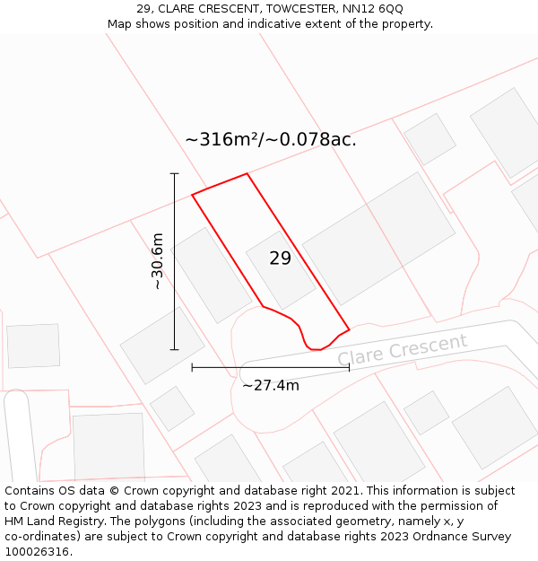 29, CLARE CRESCENT, TOWCESTER, NN12 6QQ: Plot and title map