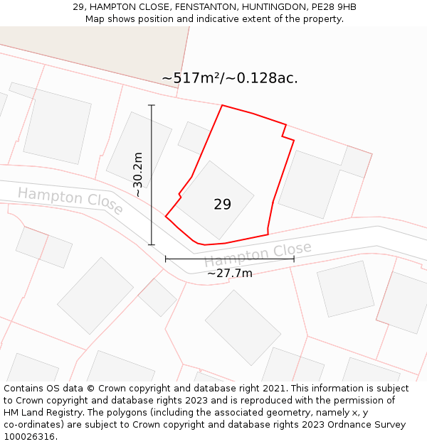 29, HAMPTON CLOSE, FENSTANTON, HUNTINGDON, PE28 9HB: Plot and title map