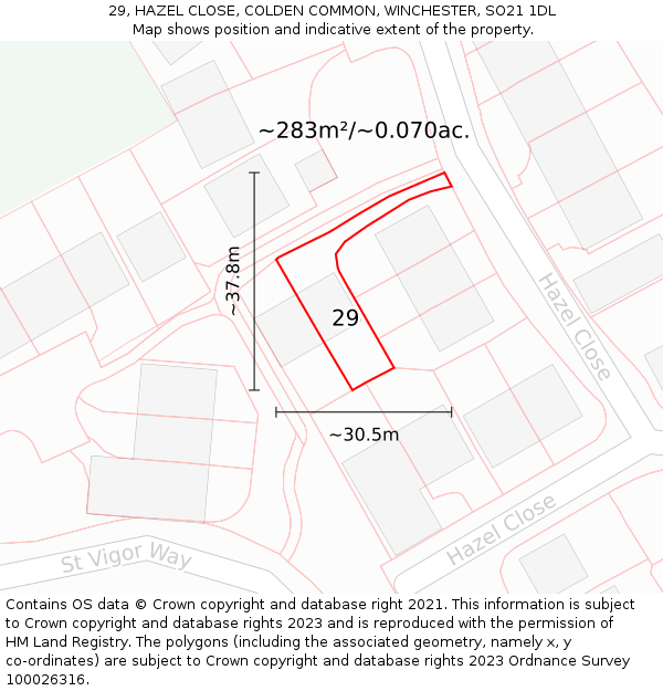 29, HAZEL CLOSE, COLDEN COMMON, WINCHESTER, SO21 1DL: Plot and title map