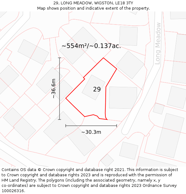 29, LONG MEADOW, WIGSTON, LE18 3TY: Plot and title map