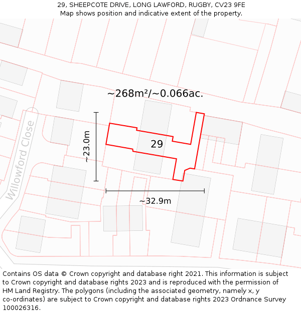 29, SHEEPCOTE DRIVE, LONG LAWFORD, RUGBY, CV23 9FE: Plot and title map