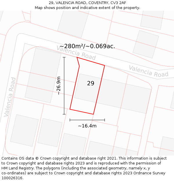 29, VALENCIA ROAD, COVENTRY, CV3 2AF: Plot and title map