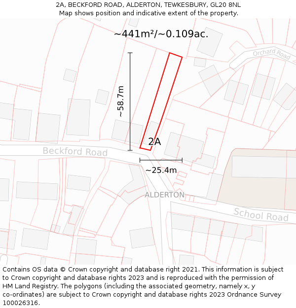 2A, BECKFORD ROAD, ALDERTON, TEWKESBURY, GL20 8NL: Plot and title map