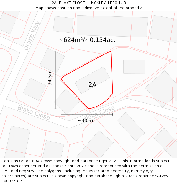 2A, BLAKE CLOSE, HINCKLEY, LE10 1UR: Plot and title map