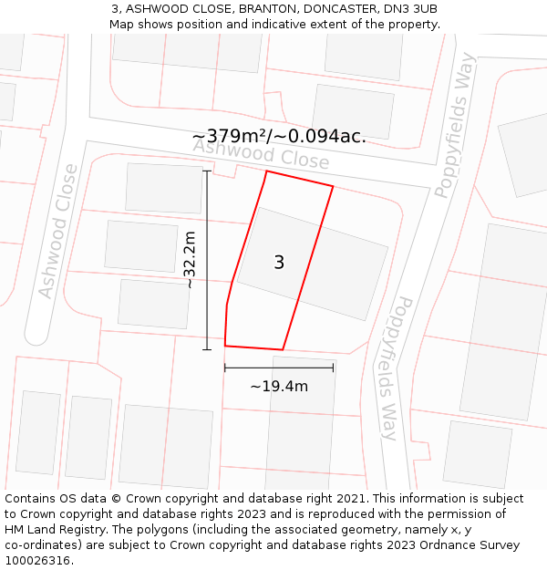 3, ASHWOOD CLOSE, BRANTON, DONCASTER, DN3 3UB: Plot and title map