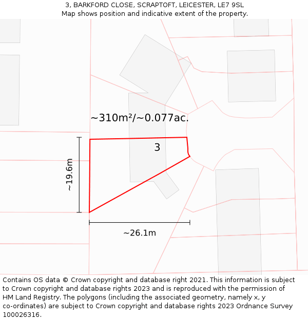 3, BARKFORD CLOSE, SCRAPTOFT, LEICESTER, LE7 9SL: Plot and title map