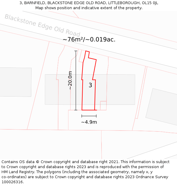 3, BARNFIELD, BLACKSTONE EDGE OLD ROAD, LITTLEBOROUGH, OL15 0JL: Plot and title map