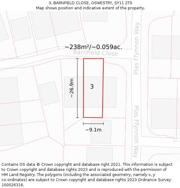 3, BARNFIELD CLOSE, OSWESTRY, SY11 2TS: Plot and title map