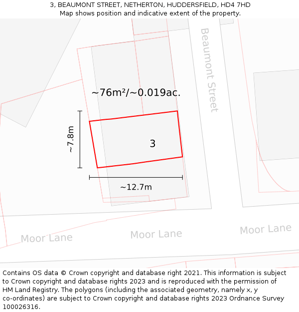 3, BEAUMONT STREET, NETHERTON, HUDDERSFIELD, HD4 7HD: Plot and title map