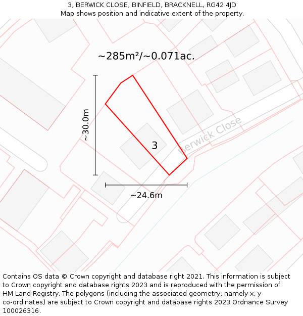 3, BERWICK CLOSE, BINFIELD, BRACKNELL, RG42 4JD: Plot and title map