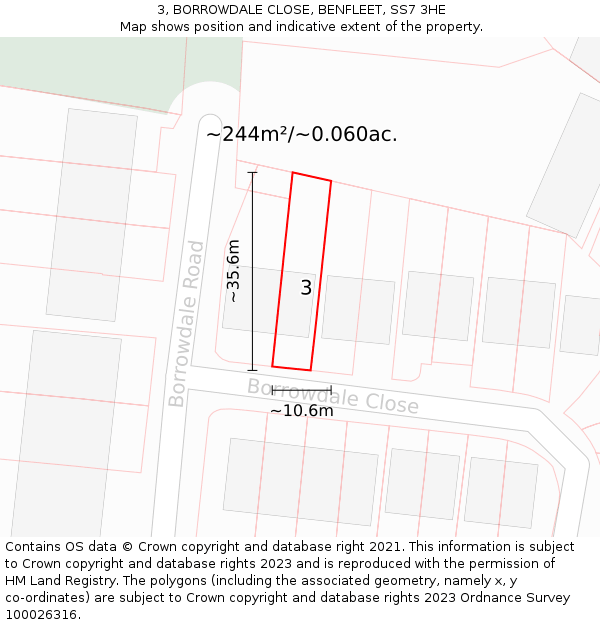 3, BORROWDALE CLOSE, BENFLEET, SS7 3HE: Plot and title map