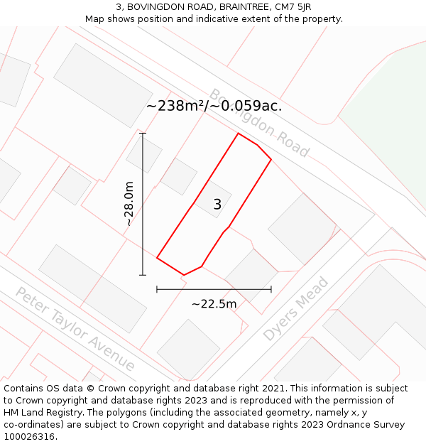 3, BOVINGDON ROAD, BRAINTREE, CM7 5JR: Plot and title map