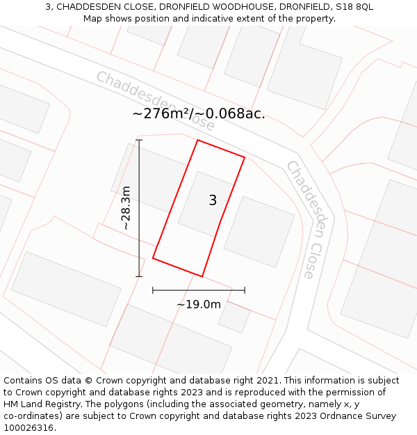3, CHADDESDEN CLOSE, DRONFIELD WOODHOUSE, DRONFIELD, S18 8QL: Plot and title map