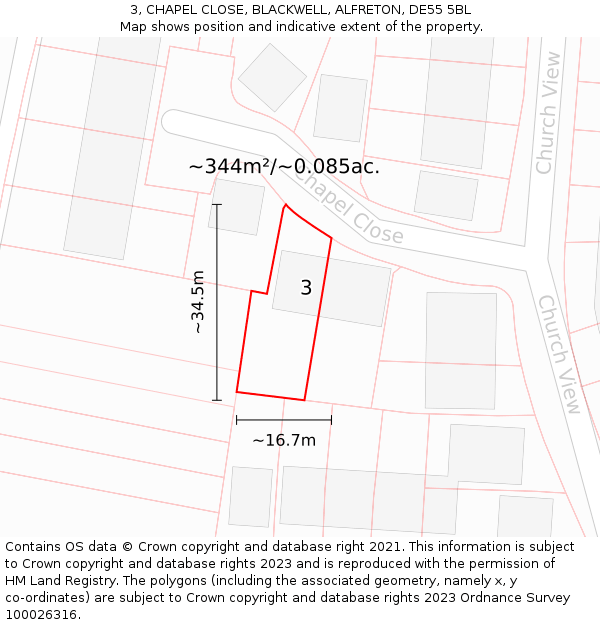 3, CHAPEL CLOSE, BLACKWELL, ALFRETON, DE55 5BL: Plot and title map