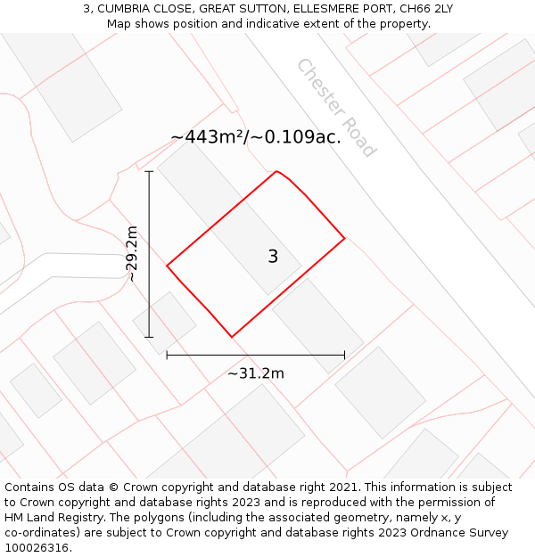 3, CUMBRIA CLOSE, GREAT SUTTON, ELLESMERE PORT, CH66 2LY: Plot and title map