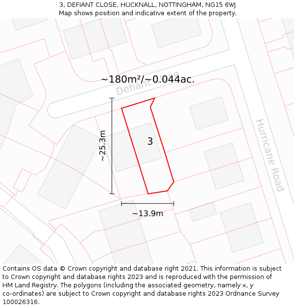 3, DEFIANT CLOSE, HUCKNALL, NOTTINGHAM, NG15 6WJ: Plot and title map