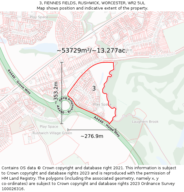 3, FIENNES FIELDS, RUSHWICK, WORCESTER, WR2 5UL: Plot and title map