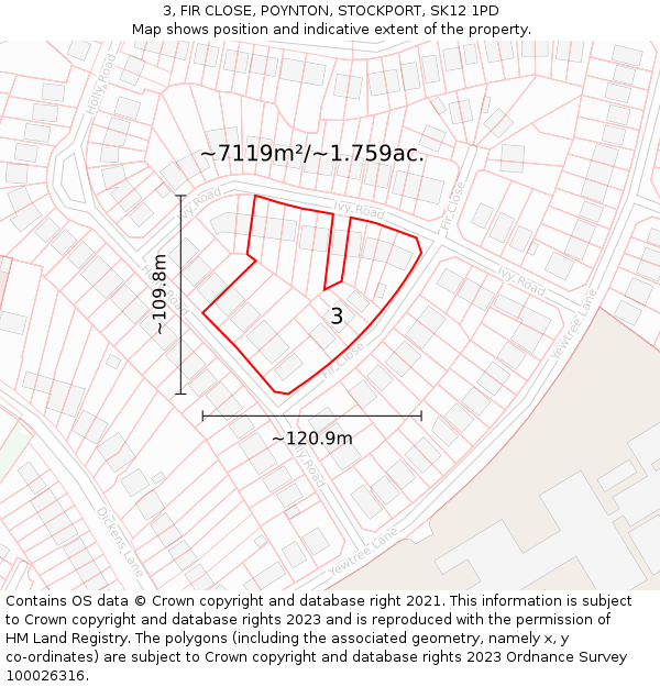 3, FIR CLOSE, POYNTON, STOCKPORT, SK12 1PD: Plot and title map