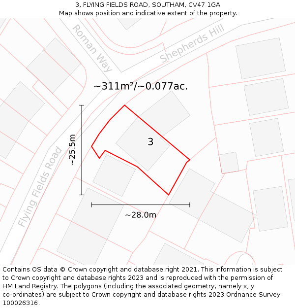 3, FLYING FIELDS ROAD, SOUTHAM, CV47 1GA: Plot and title map