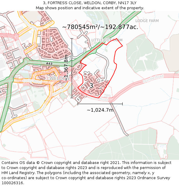 3, FORTRESS CLOSE, WELDON, CORBY, NN17 3LY: Plot and title map