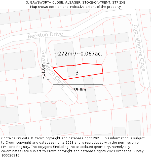 3, GAWSWORTH CLOSE, ALSAGER, STOKE-ON-TRENT, ST7 2XB: Plot and title map