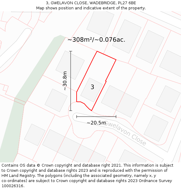 3, GWELAVON CLOSE, WADEBRIDGE, PL27 6BE: Plot and title map