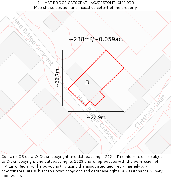 3, HARE BRIDGE CRESCENT, INGATESTONE, CM4 9DR: Plot and title map
