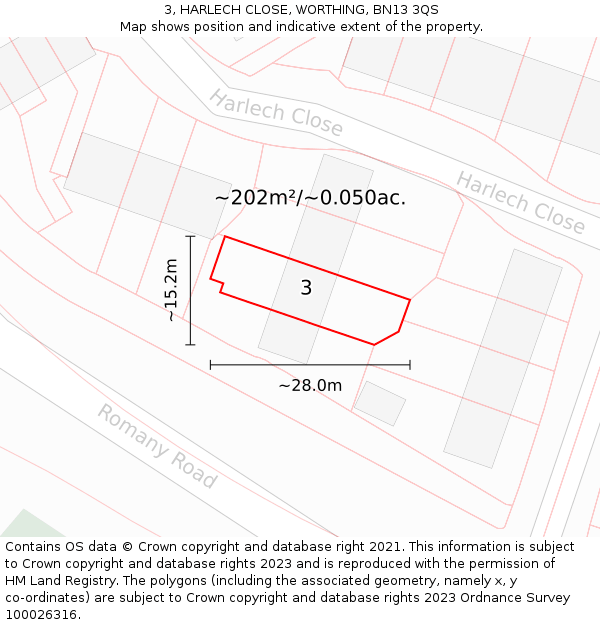 3, HARLECH CLOSE, WORTHING, BN13 3QS: Plot and title map