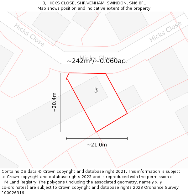 3, HICKS CLOSE, SHRIVENHAM, SWINDON, SN6 8FL: Plot and title map