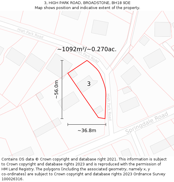 3, HIGH PARK ROAD, BROADSTONE, BH18 9DE: Plot and title map
