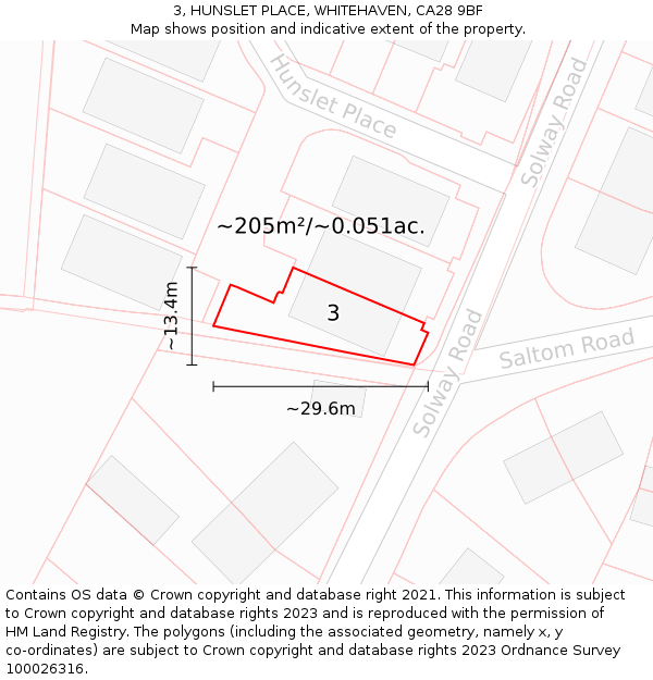 3, HUNSLET PLACE, WHITEHAVEN, CA28 9BF: Plot and title map