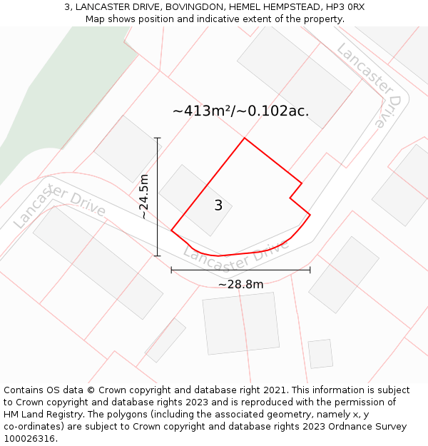 3, LANCASTER DRIVE, BOVINGDON, HEMEL HEMPSTEAD, HP3 0RX: Plot and title map