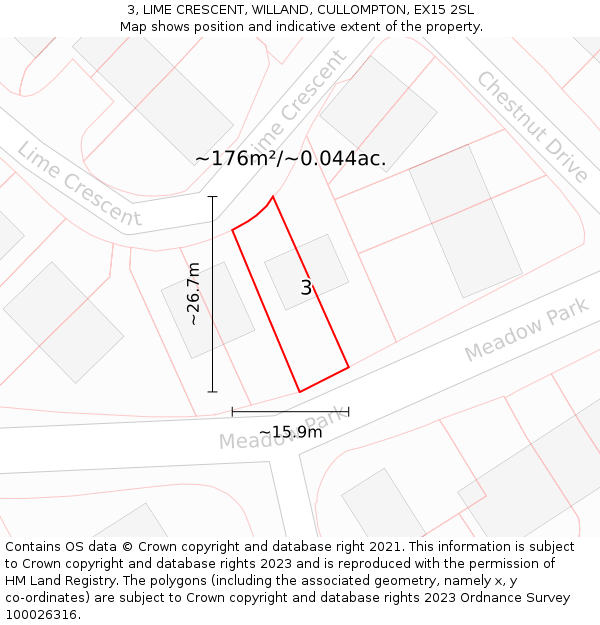3, LIME CRESCENT, WILLAND, CULLOMPTON, EX15 2SL: Plot and title map