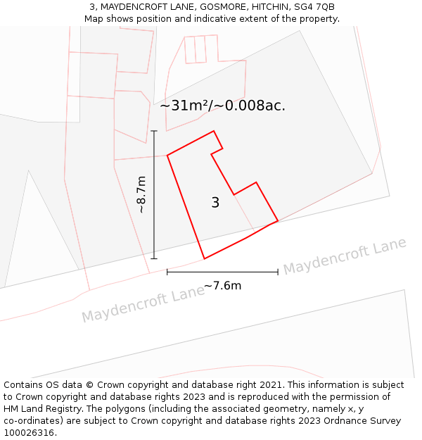 3, MAYDENCROFT LANE, GOSMORE, HITCHIN, SG4 7QB: Plot and title map