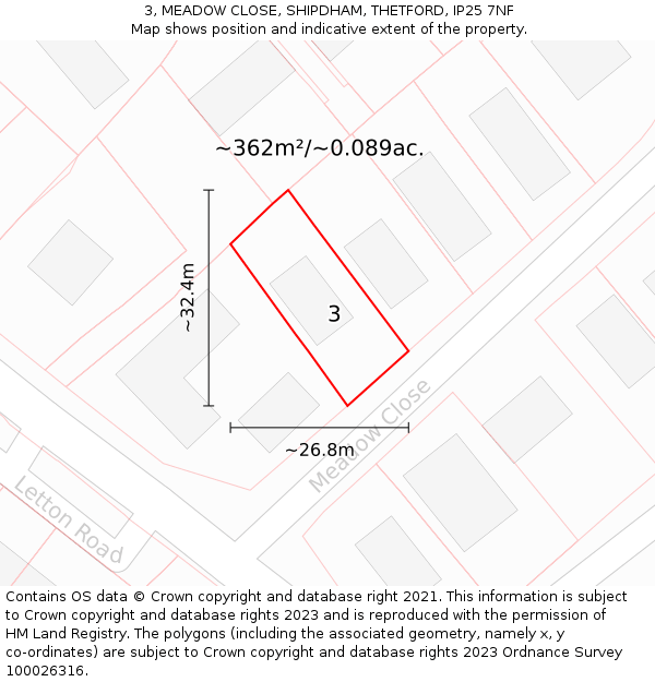 3, MEADOW CLOSE, SHIPDHAM, THETFORD, IP25 7NF: Plot and title map