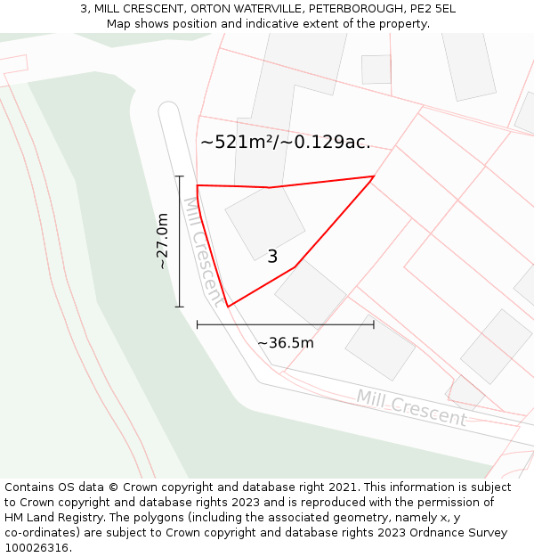 3, MILL CRESCENT, ORTON WATERVILLE, PETERBOROUGH, PE2 5EL: Plot and title map
